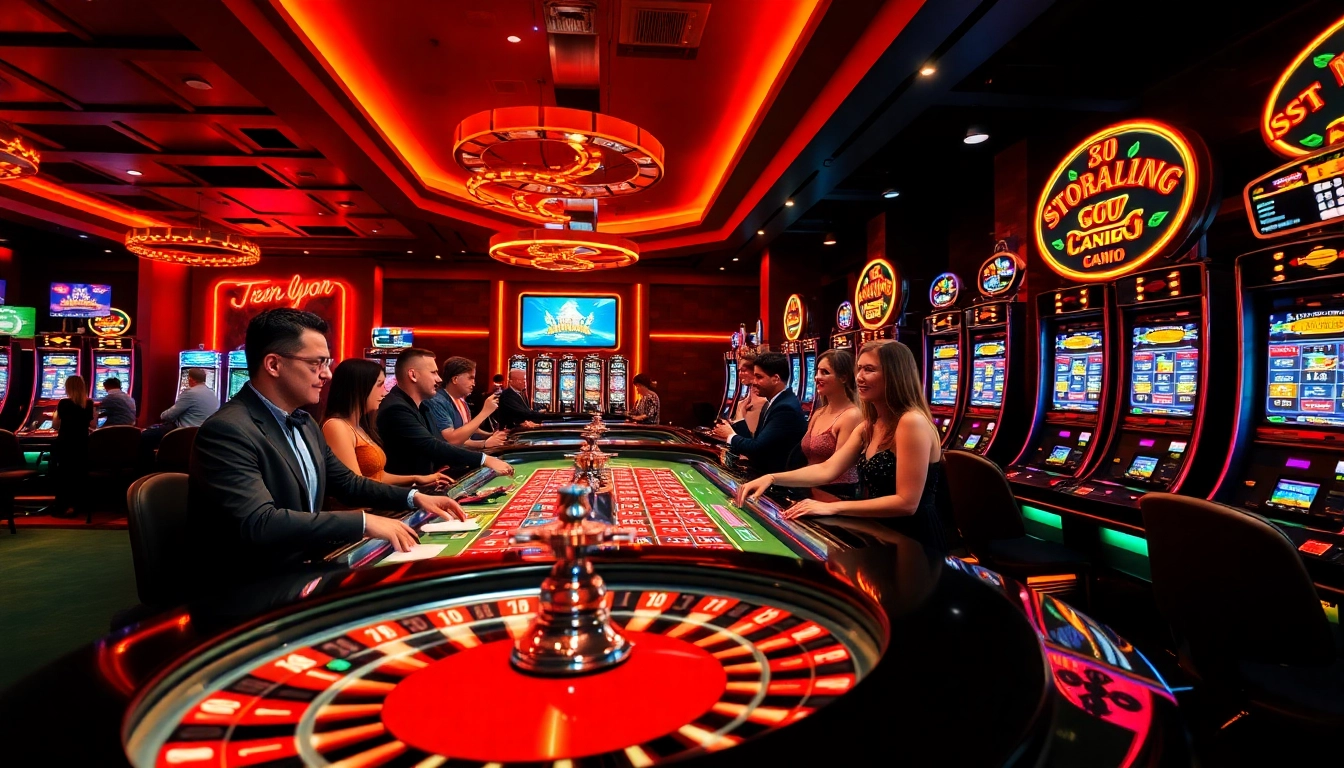 Players enjoy an exhilarating experience at nohu90's vibrant casino, featuring slot machines and roulette.