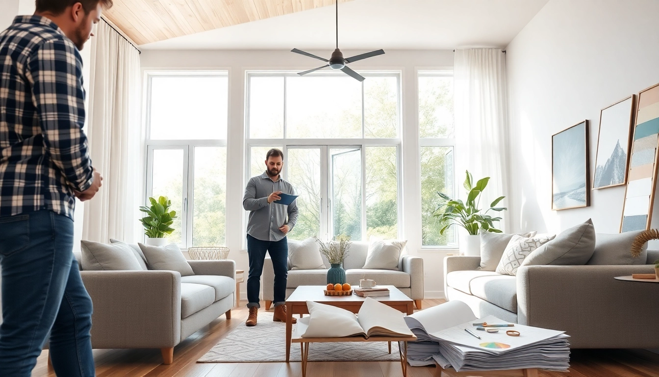 Renovators near me collaborating in a sunlit living room renovation project.