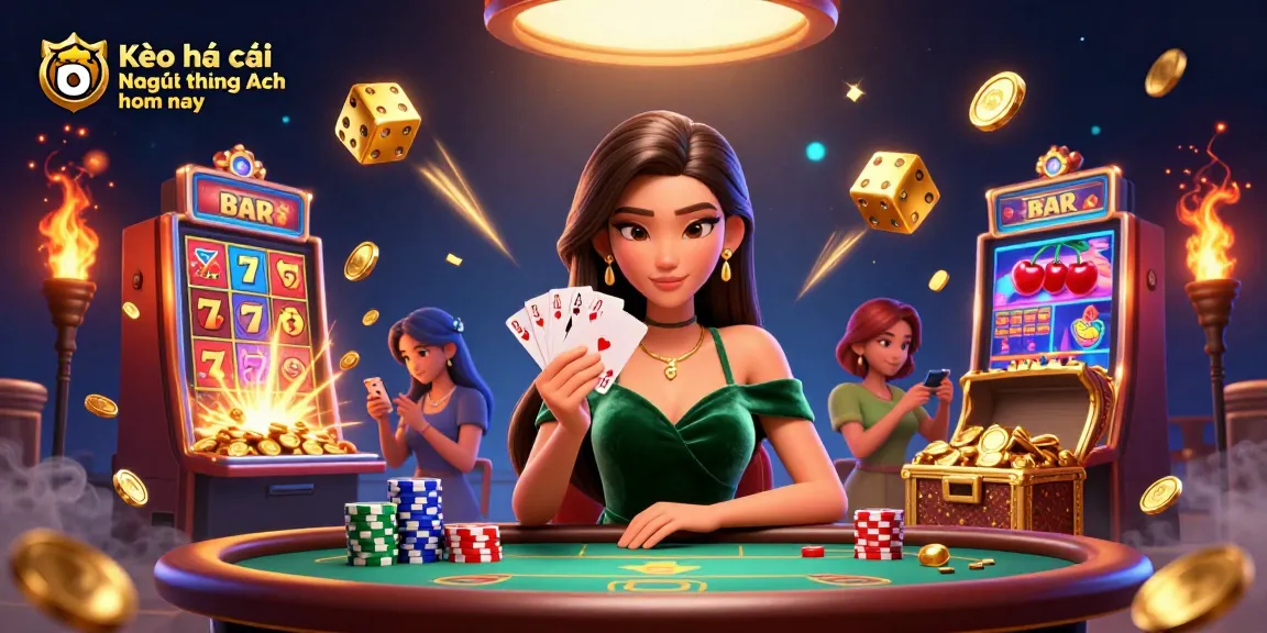 Kèo nhà cái Ngoại hạng Anh hôm nay reveals a stunning poker scene with a beautiful Asian dealer amidst dazzling casino elements, showcasing game excitement.