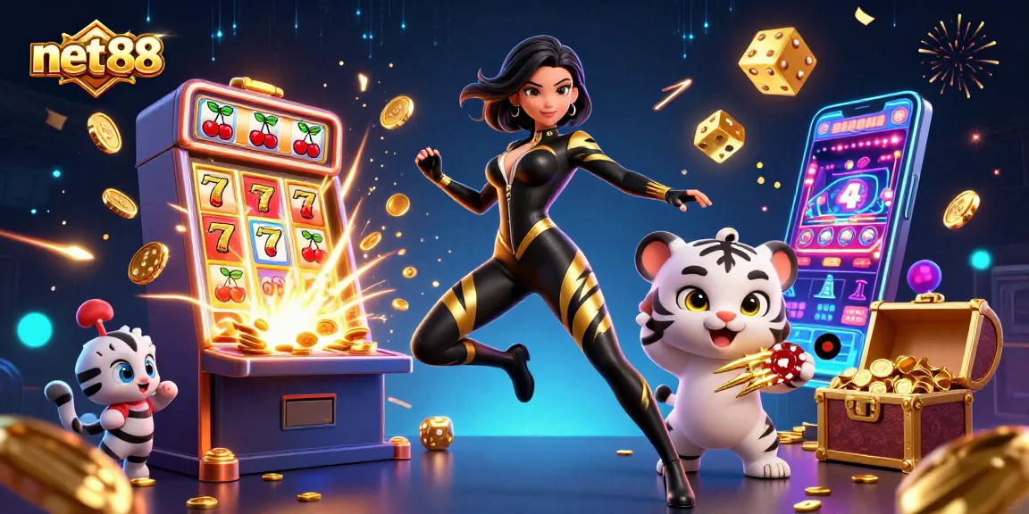 Engage in thrilling gaming experiences at net88 with vibrant 3D characters, slot machines, and dazzling casino elements.