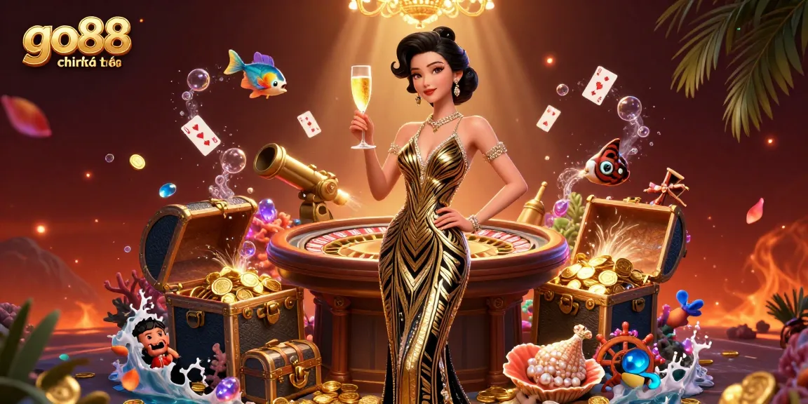 Experience go88 chính thức with an elegant woman at a glamorous casino scene surrounded by gold and games.