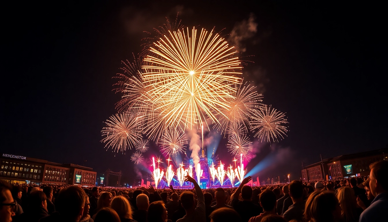 Experience the spectacular Manchester fireworks bursting over a captivated crowd.