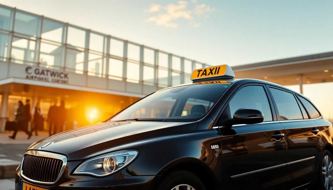 Experience efficient Gatwick taxi service with a sleek taxi in action and busy terminal atmosphere.