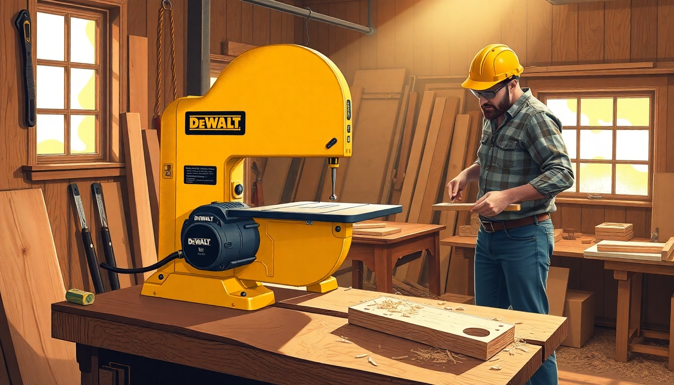 The dewalt bandsaw showcases precision cutting in a busy workshop, featuring rugged tools and a carpenter in action.