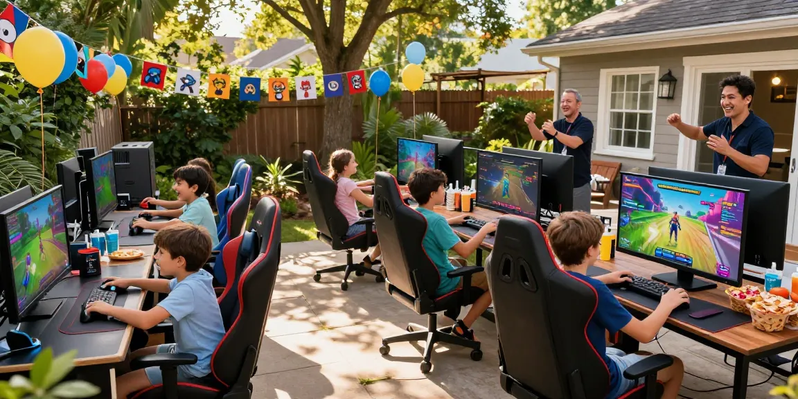 Engaging gaming party London experience with kids enjoying competitive gameplay and snacks in a vibrant outdoor setting.
