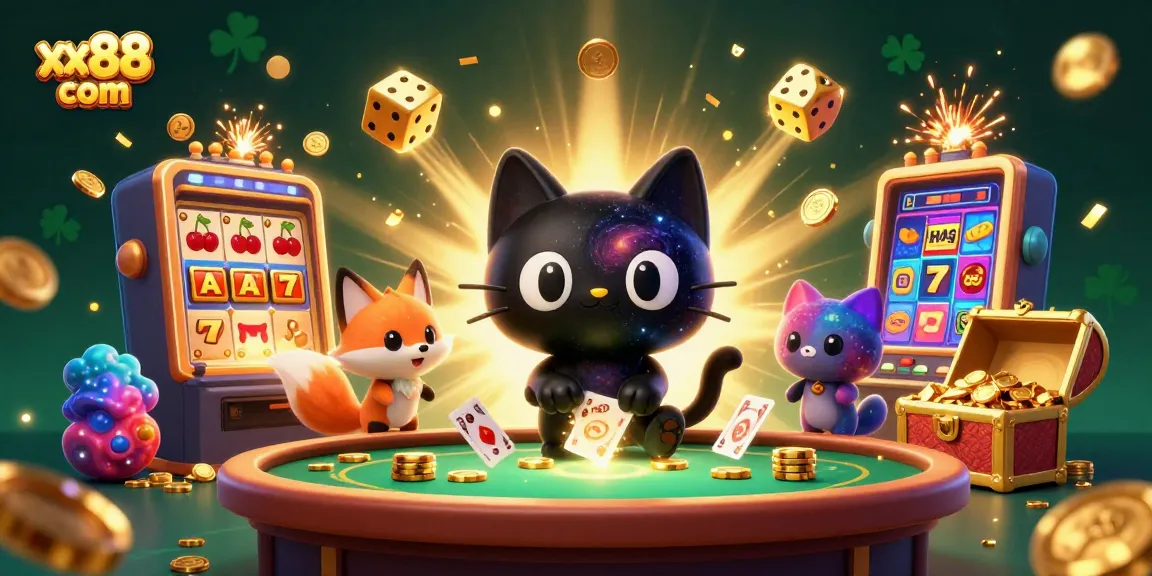 Experience the excitement at xx88 com with a cosmic casino featuring a black hole cat pulling in golden chips.