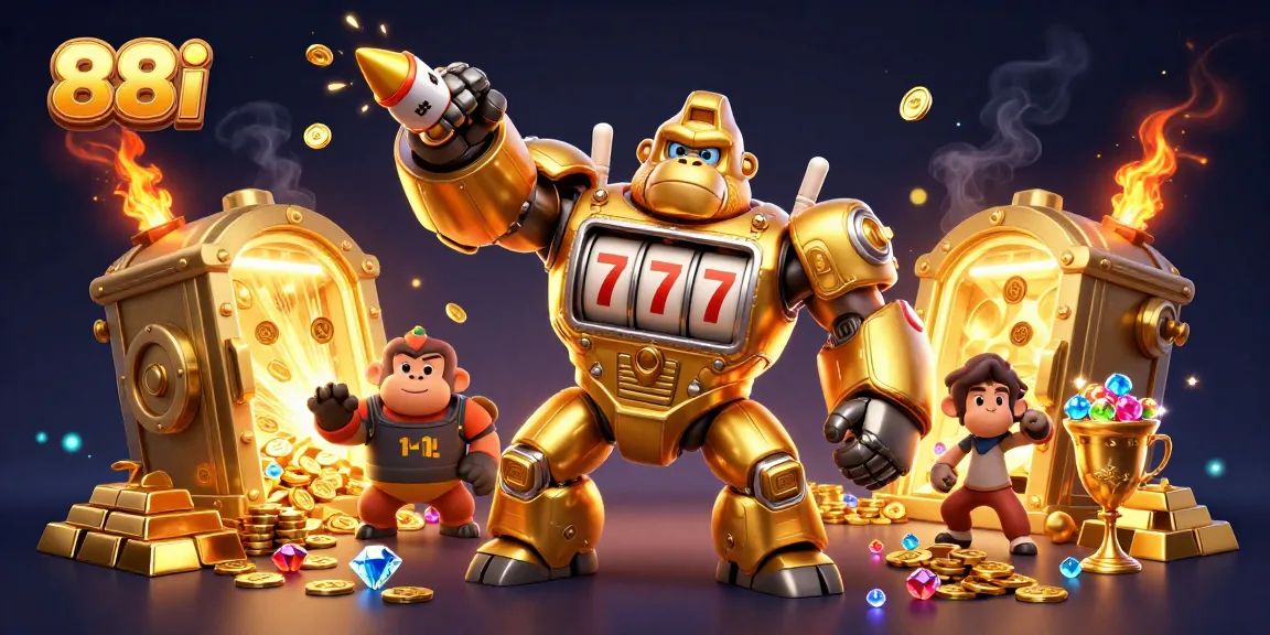 Experience thrills at 88i with a dynamic golden gorilla mech amidst shining jackpots and treasures.
