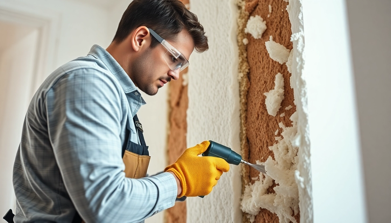 Spray foam removal contractors expertly removing insulation from a wall in a home.