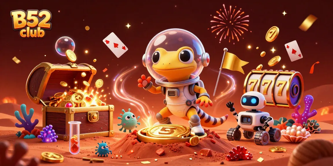 B52 club showcases thrilling casino excitement with a Martian gecko discovering golden treasures and games.