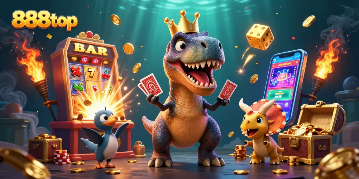 Experience the excitement of 888top as a T-Rex shuffles cards with a pterodactyl's help amid a vibrant casino atmosphere.