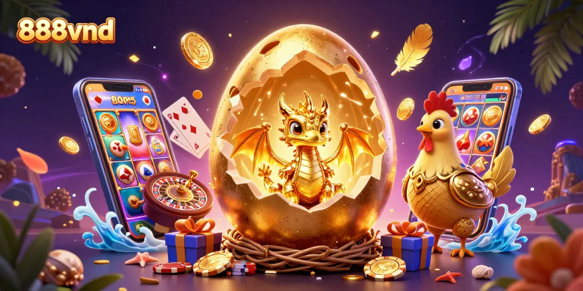 Experience thrilling games at 888vnd, where a golden dragon guards treasures in a vibrant casino setting.