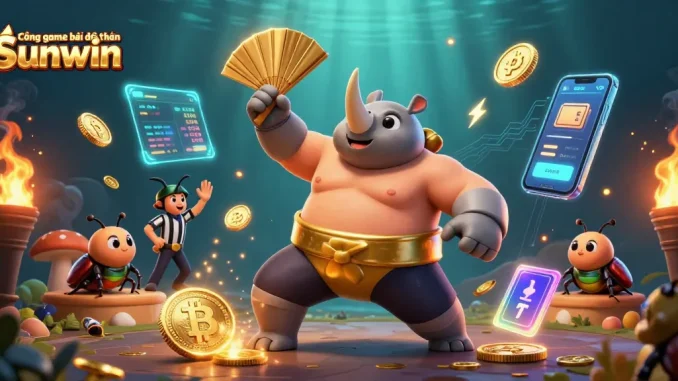 Engage in the excitement of Cổng game bài đổi thưởng Sunwin with vivid 3D illustration showcasing a lively casino scene filled with action and rewards.