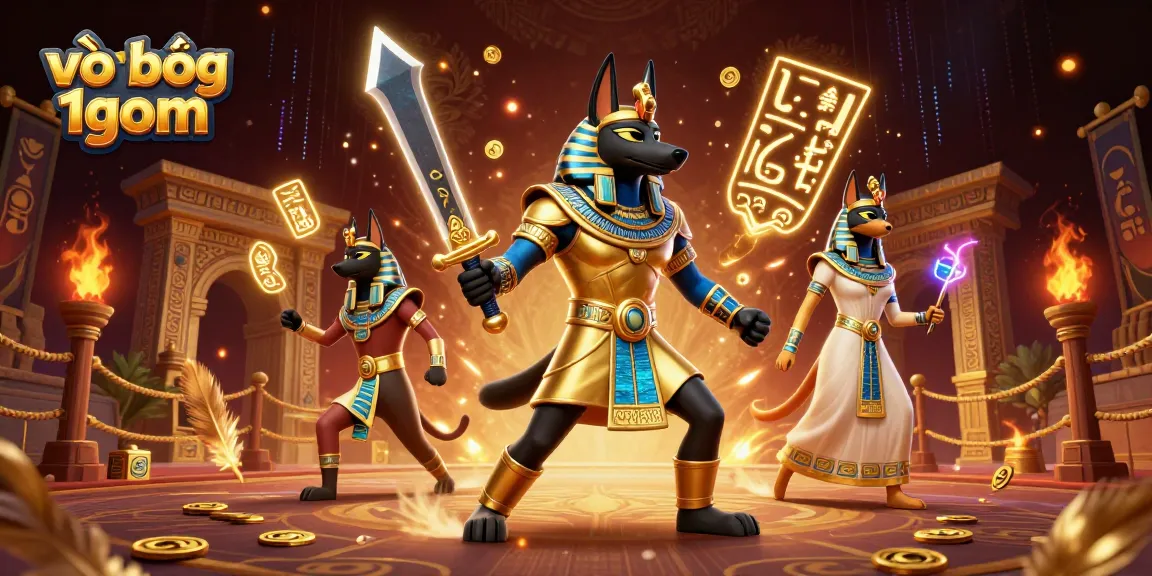 Engage with the vibrant action of vào bóng 1gom, featuring Anubis and Bastet in a dynamic, lively gambling scene.