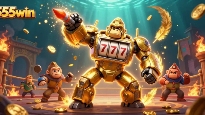 Experience 555win with a golden gorilla mech amidst dynamic casino elements.