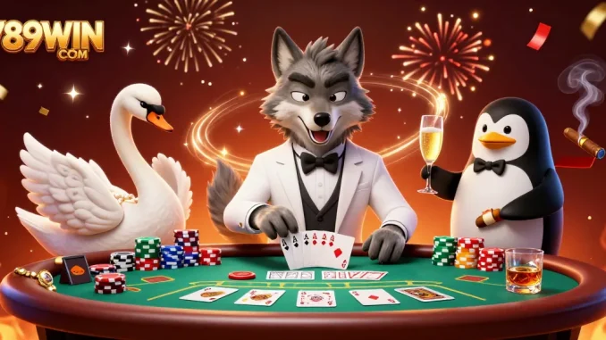 Engage in thrilling baccarat action at 789WIN COM with a debonair wolf and elegant swan.