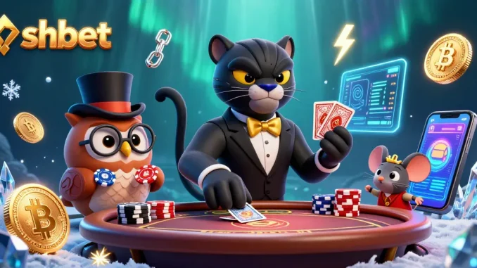 Experience the elegance of shbet as a stylish panther deals cards in a vibrant casino scene.