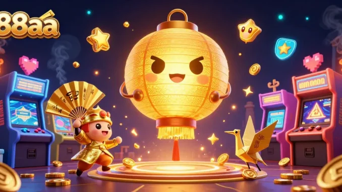 88aa players experience excitement with golden lanterns and arcade machines in dynamic casino scene