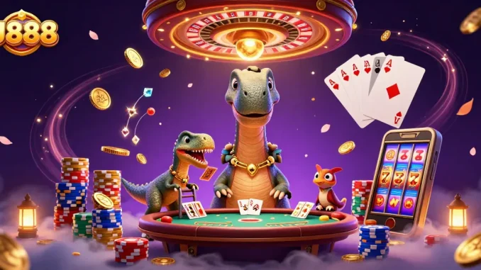 Experience thrilling U888 casino adventures with a giant brontosaurus at a poker table!