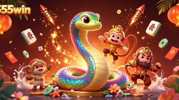 Engage with 555win's playful gaming scene featuring vibrant characters and festive casino elements.