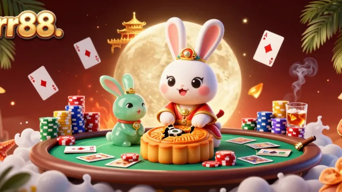 Experience winning strategies with rr88. as the moon rabbit reveals poker chips in a vibrant casino scene.